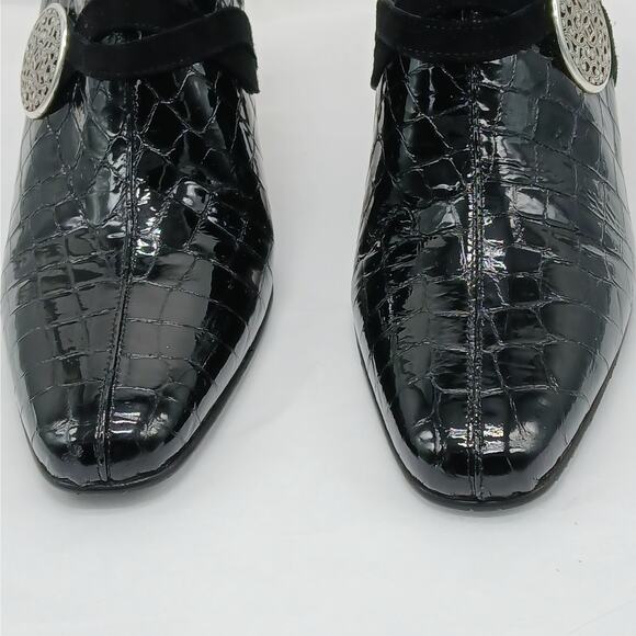 Brighton Women's High Heel Pumps Shoes Size 9N Black Croc Embossed Leather Mules - Picture 6 of 10